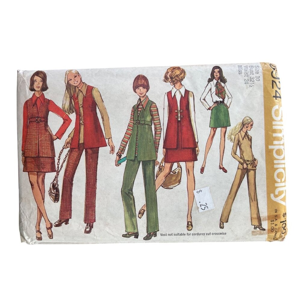Vintage Simplicity 8924 Sewing Pattern Size 10 Vest Blouse Mini Skirt Pants CUT